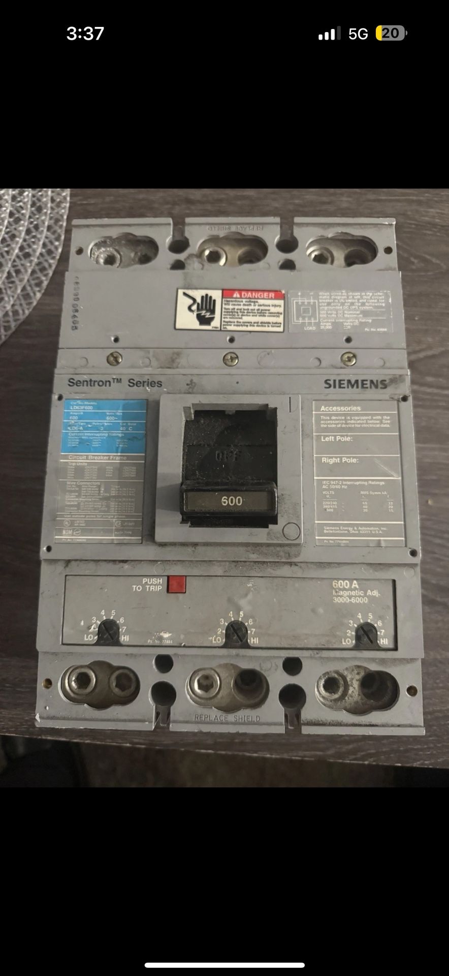 Siemens ITE LD63F600 600 amp 600 volt 3 Pole 35kA@480V Circuit Breaker