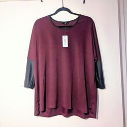 Maroon And Black Relaxed Fit Blouse With Faux Leather Sleeves