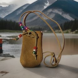 Vintage Small Leather BAG Beaded Medicine Pouch Survival  Necklace 