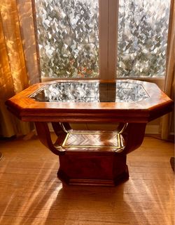 Pair of Vintage 1980s Oak Octagonal End Tables with Smoked Glass🟢Read Full Description Below🟢