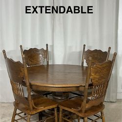 Oak Extendable Dining Table & 5 Pressed Back Chairs