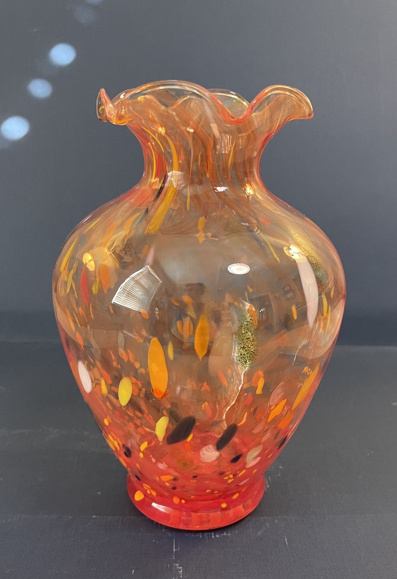 Beautiful Orange Multicolor Murano Vase With Ruffled Top
