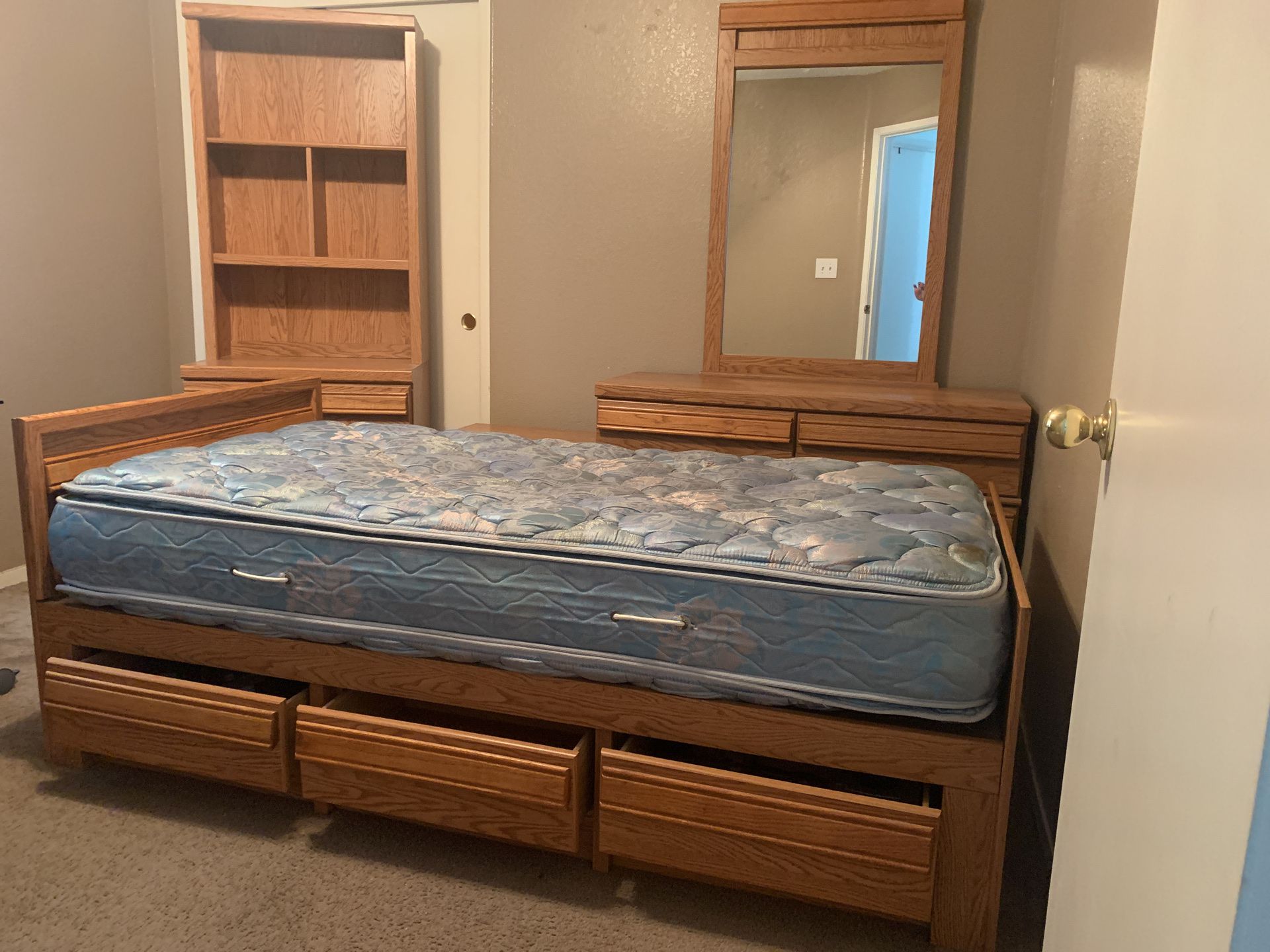 Twin bedroom set (Bed with storage, mattress, dresser and mirror, lamp table, and book shelf)