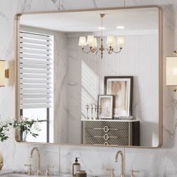 40"X32" 1 Inch Thick Brushed Gold Frame Bathroom / Vanity Wall-Mounted Mirror