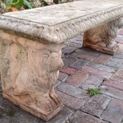Large, Concrete Bench W. Lion Pedestals 