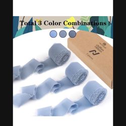 Dusty Blue 1-3/4" x 6Yd Handmade Fringe Chiffon Ribbon 3 Rolls Silk Frayed Edge Ribbon for Wedding Invitations Bridal Bouquets Gifts Wrapping