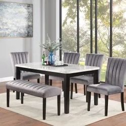 New 6 pcs Dining Set With Bench ! Available In Blue Gray Cream And Black Chairs ! 66”x38” Faux marble Table 