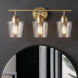 3-Light Gold Bathroom Light Fixtures, Modern Bathroom Vanity Light with Clear Glass Shade, Gold Bath Wall Mount Lights, Wall Lamp for Mirror Kitchen B