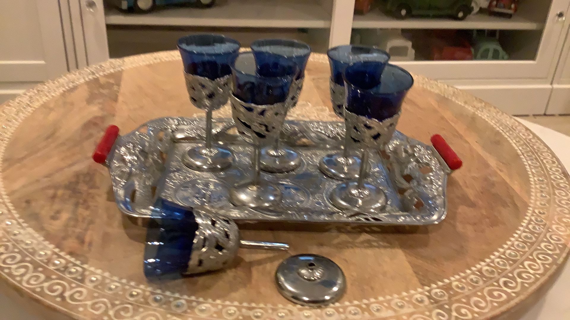 Vintage Cordial Set Cobalt Blue One Dragon Holder Needs Repair