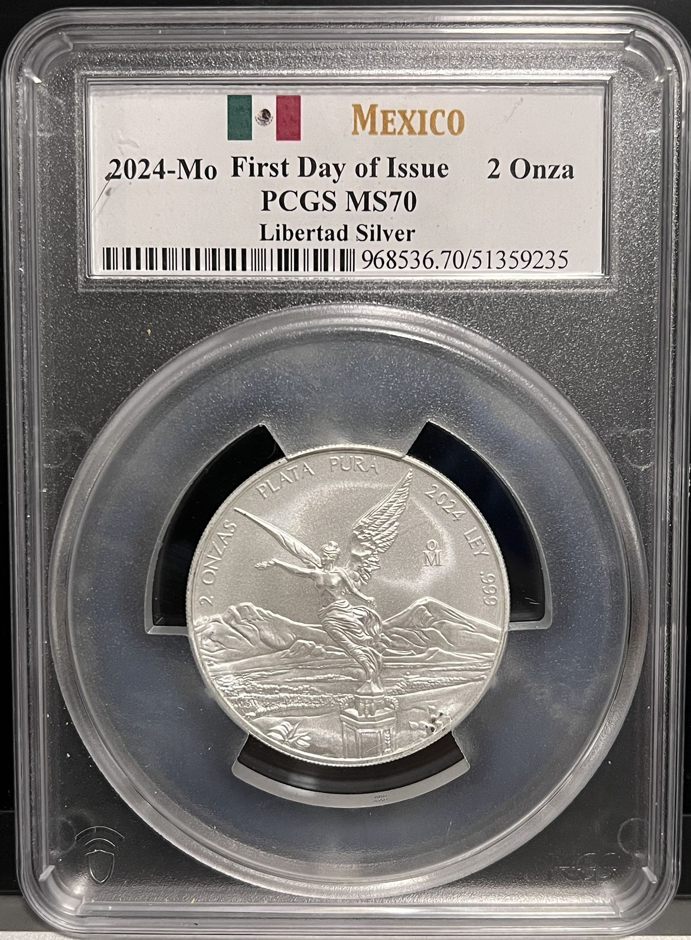 2024 MO Mexico Libertad 2 Onza • 2 oz Pure Silver Coin in Large Slab (.999 Fine) • First Day of Issue, Mexico Flag Label • Graded NGC MS70