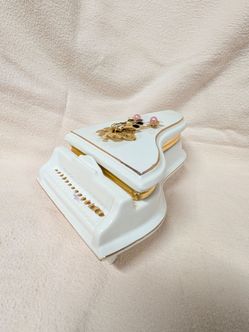 Vintage Porcelain Grand Piano Trinket Box, White with Gold Trim, Hinged Brass Lid, Floral Pearl Accent, Made in Italy