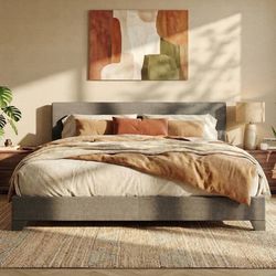 King Platform Upholstered Bed Frame with Adjustable Headboard, Wood Slats Suppor