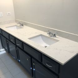 Double Sink Quartz Countertop with backsplash,2 Ceramic Sinks and Faucets. L 84.75 inch . All Sizes on the picture 4 $210