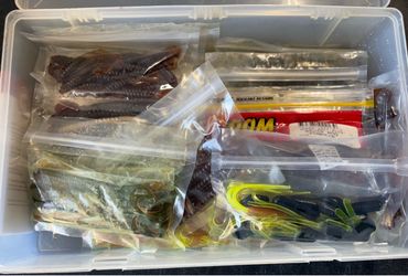 Full box of plastic fishing worms