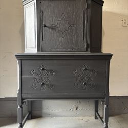 Refinished Black Antique Oak Cabinet / Hutch with Floral Carvings & Dovetail Drawers