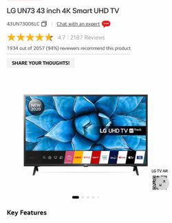 Lg 43”Class 43UN7300AUD 4k UHD HDR ThinQ AI Smart TV with WebOS 5.0