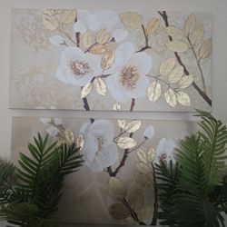 Two Gold And Cream Floral Canvases.