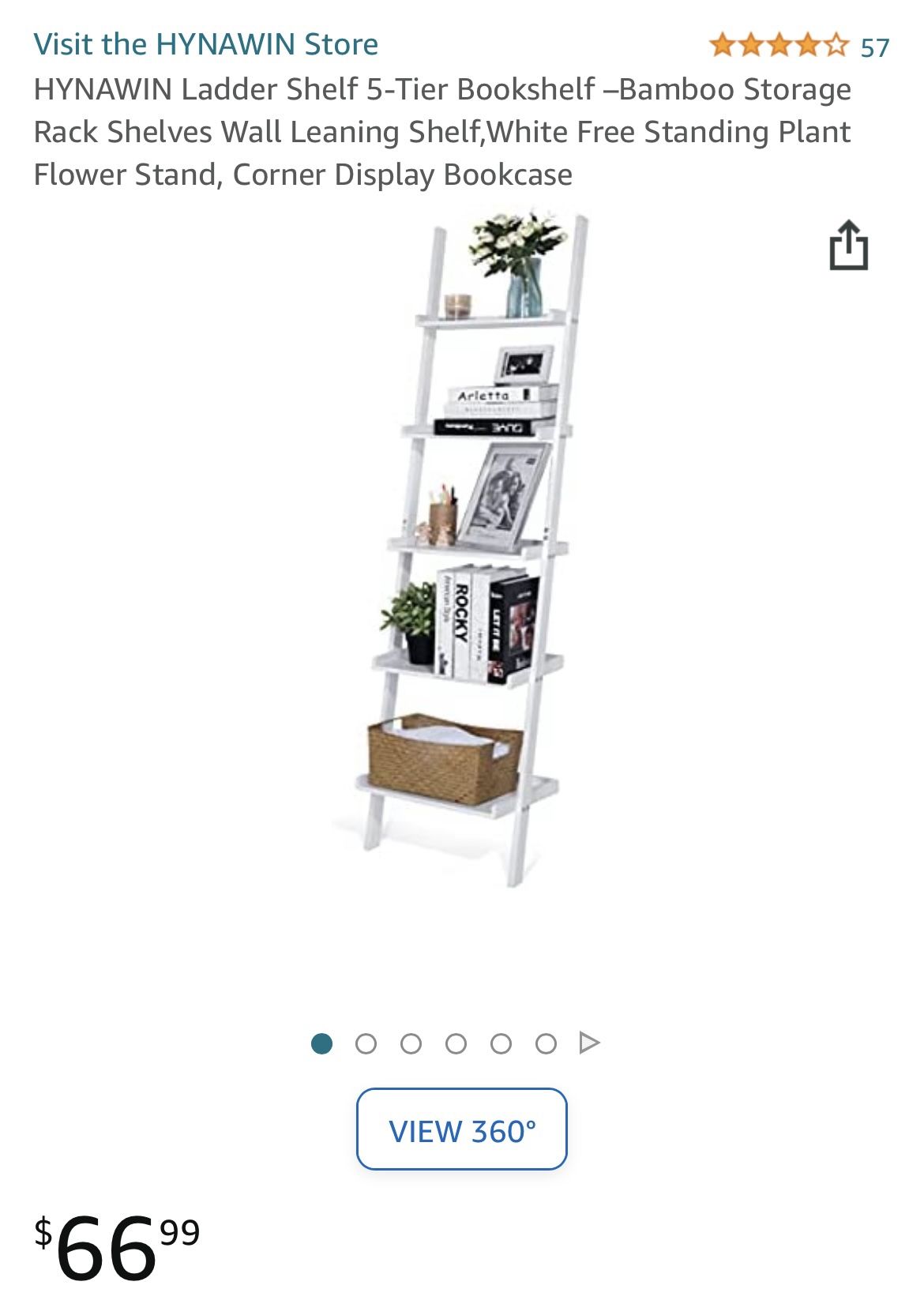 HYNAWIN Ladder Shelf 5-Tier Bookshelf –Bamboo Storage Rack Shelves Wall Leaning Shelf,White Free Standing Plant Flower Stand, Corner Display Bookcase