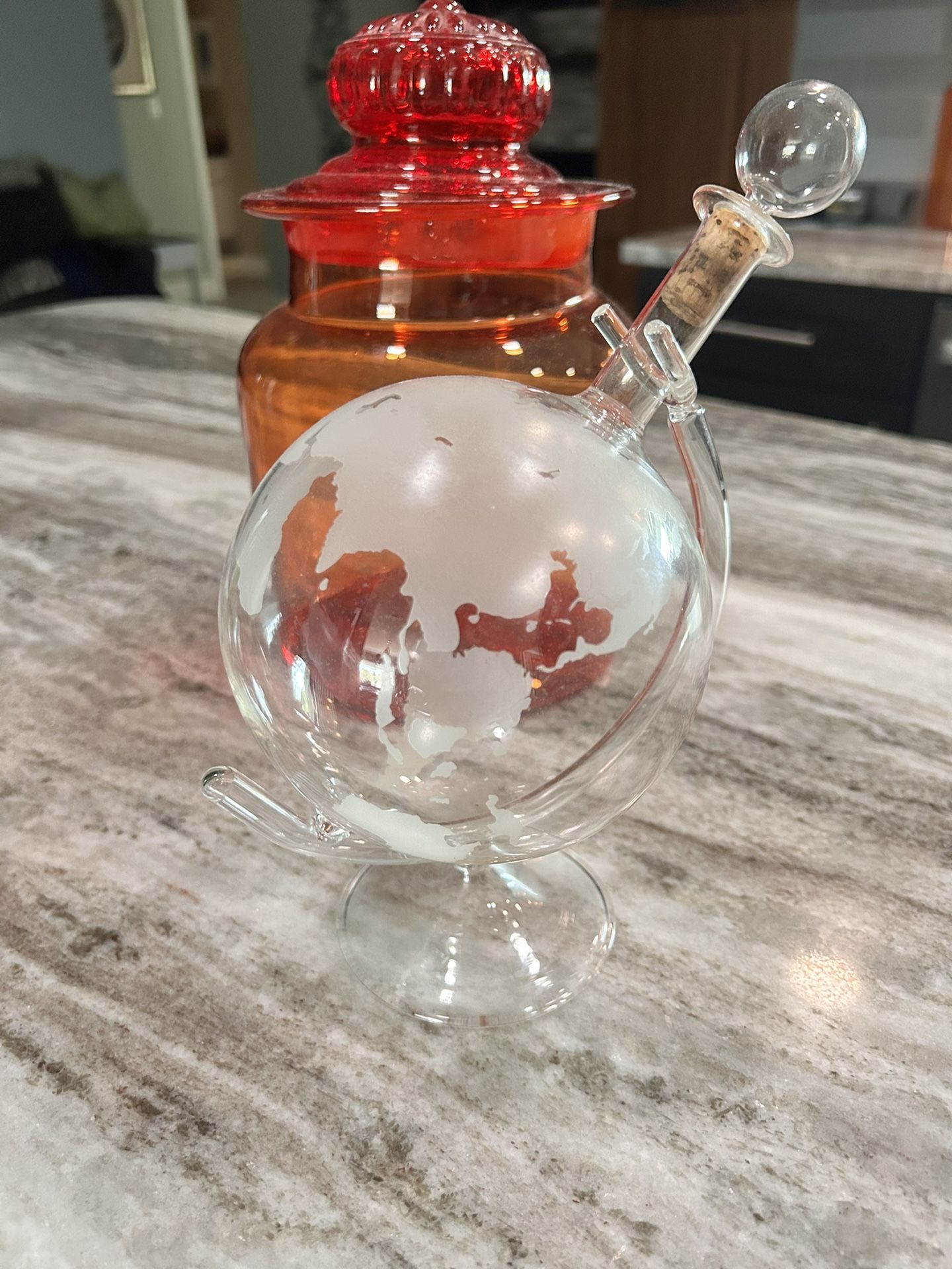 Vintage Clear Etched Glass World Globe Liquor Decanter with Glass Stand