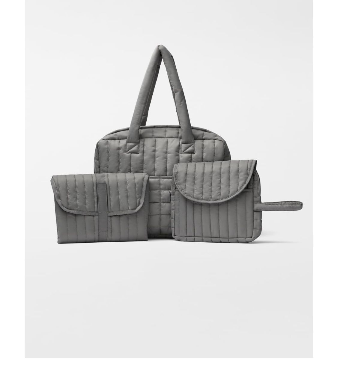 Zara NWT charcoal gray nylon quilted diaper bag. Matching toiletry and changing mat. Interior pockets. Straps for strollers.