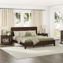 Lessio Dark Brown Mid-Century 13.7 in. Solid Wood Frame King Platform Bed with Wooden Slats, Headboard, Easy Assembly