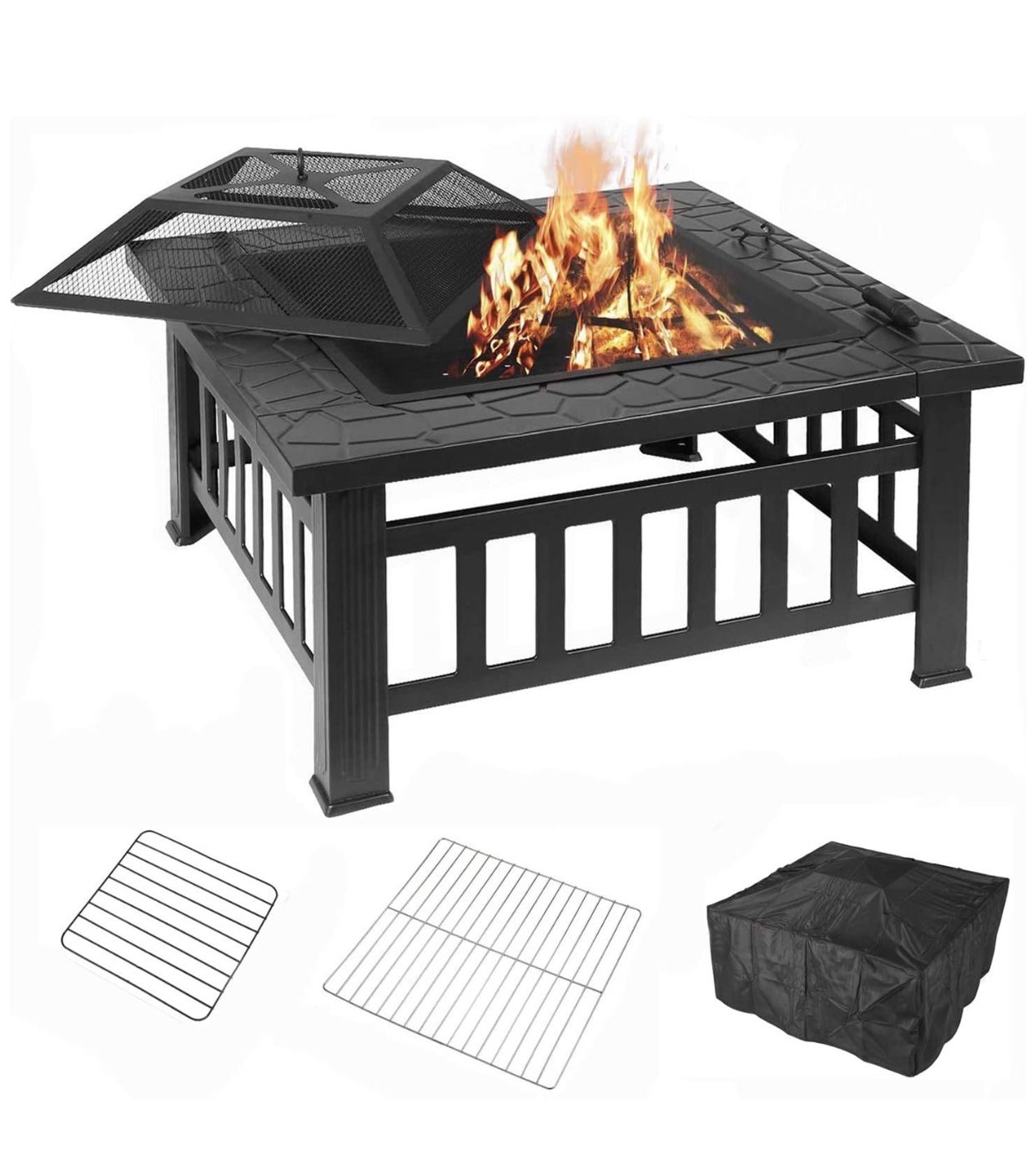 32'' Fire Pit Table Outdoor, Multifunctional Patio Backyard Garden Fireplace Heater/BBQ/Ice Pit, Square Stove with Barbecue Grill Shelf