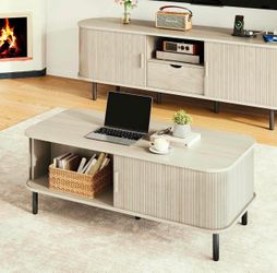 47.2 Inch Mid Century Modern Coffee Table  with Sliding Tambour Door , Natural White I-26