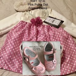 NWT 12 m Boutique Pink Polka Dot Dress & VGUC Sz 6.5 Imported Leather Shoes Outfit