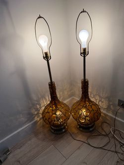 1960s Mid-Century Modern Amber Glass Genie Bottle Lamps With Brutalist Metal Overlay - Pair