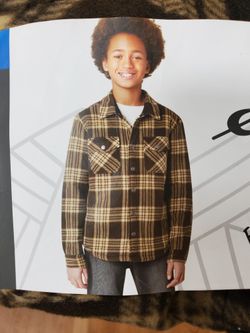 Eddie Bauer Boy's Sz 10/12 Brown Sherpa Lined Button Down Fleece Plaid Shacket