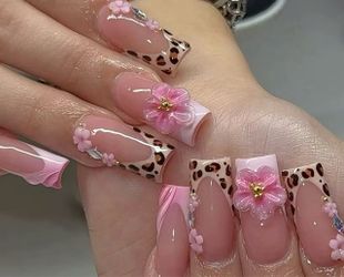 Press-On Nails Leopard Print Pink Floral Set
