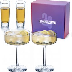 Martini Glasses. Coupe Glasses set of 2 with 2 shot glasses & set of 4 coasters