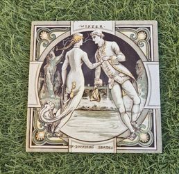 Antique 1880s English Minton Tile Four Seasons Winter Skates 6 Inch RARE