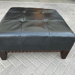 Ottoman- Potato Barn Black Leather Ottoman With Wood Base