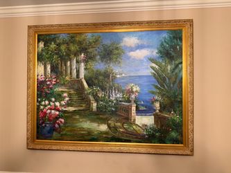 Large Oil Painting Garden Terrace Seascape Gold Frame