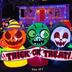Brand New In Box 6ft Led Light-up Inflatable 3 Ghosts With Trick Or Treat Banner Halloween Decoration 