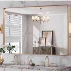 LOAAO 48"X32" Gold Bathroom Mirror, Rounded Rectangle Gold Frame Mirror, Brushed Gold Bathroom Vanity Mirror Wall-Mounted, Anti-Rust, Tempered Glass, 