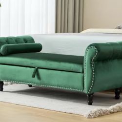 Brenton Emerald Velvet Tufted Upholstery Rectangular Storage Ottoman Bench with Pillow, Rolled Arms