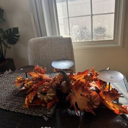 Fall harvest floral candle centerpiece with faux pumpkins, berries, and leaves