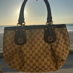 Vintage Gucci Monogram Canvas Handbag Gold Studded GG Logo - Rare Collector Bag