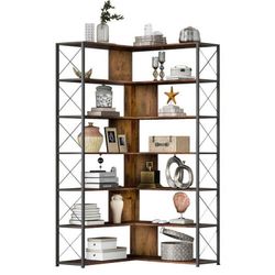 Industrial Style 7-Tier L-Shaped Corner Bookcase Home Office Bookshelf with Metal Frame and Open Storage Shelf ,Brown