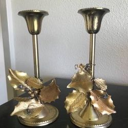 Pair Brass Taper Candle Holders with Brass & Copper Leaves & Tendrils