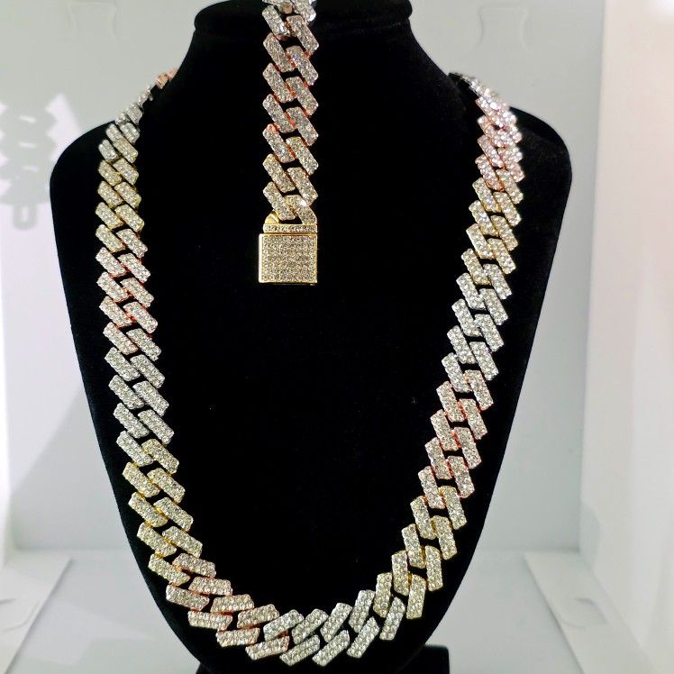 Premium Iced Out 20" 15mm Tri Color Cuban Chain With 9" Matching Bracelet Set