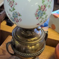 Antique Brass Lamp W/ Hand Painted Globe