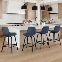 26”H Faux Leather Swivel Bar Stools, Navy Blue (Set of 4)
