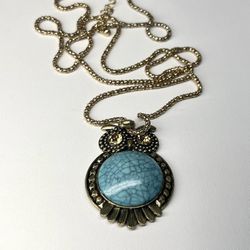 Owl Rhinestones, faux turquoise Gold Tone long necklace 30” LONG 8