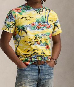 Yellow Tropical Print RL polo Crew Neck T-Shirt