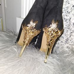 Sexy Black Suede Bootie With Gold Leaf