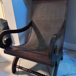 Brown Wood/ Wicker Chair And Foot Stool