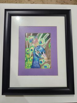 Framed Peacock Wall Art Colorful Bird Picture Purple Mat Black Frame 16"